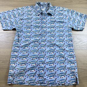 Vintage Nerds Camp Shirt Men Large Ferrara Candy All Over Print Blue Button Up